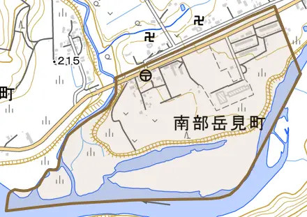 南部岳見町とその周辺の地図。町の範囲を重ねている