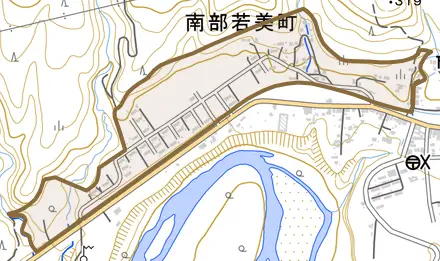 南部若美町とその周辺の地図。町の範囲を重ねている