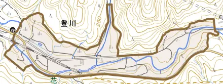 登川とその周辺の地図。町の範囲を重ねている