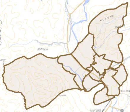 沼ノ沢とその周辺の地図。町の範囲を重ねている