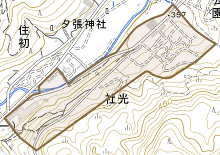 社光とその周辺の地図。町の範囲を重ねている