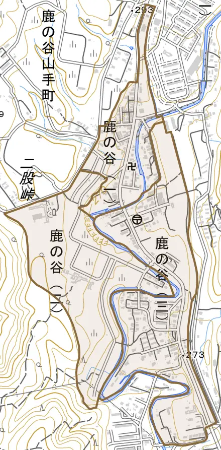鹿の谷とその周辺の地図。町の範囲を重ねている
