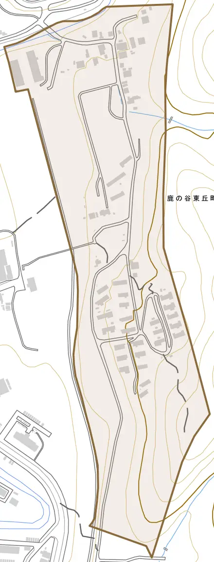 鹿の谷東丘町とその周辺の地図。町の範囲を重ねている