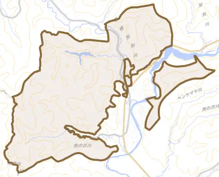 清水沢とその周辺の地図。町の範囲を重ねている