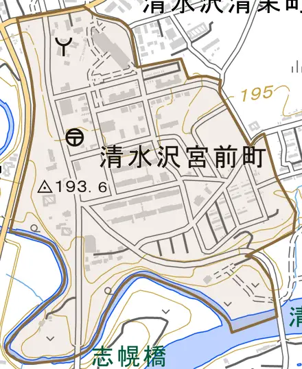 清水沢宮前町とその周辺の地図。町の範囲を重ねている