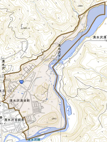 清水沢清栄町とその周辺の地図。町の範囲を重ねている