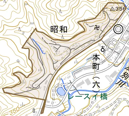 昭和とその周辺の地図。町の範囲を重ねている