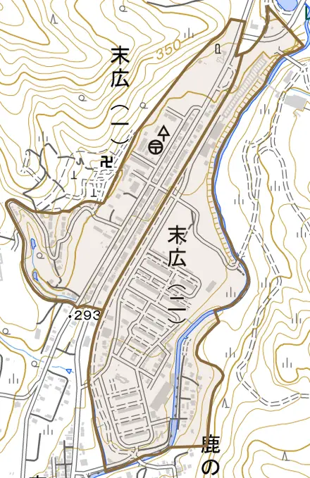 末広とその周辺の地図。町の範囲を重ねている