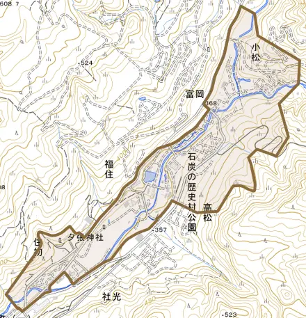 住初とその周辺の地図。町の範囲を重ねている