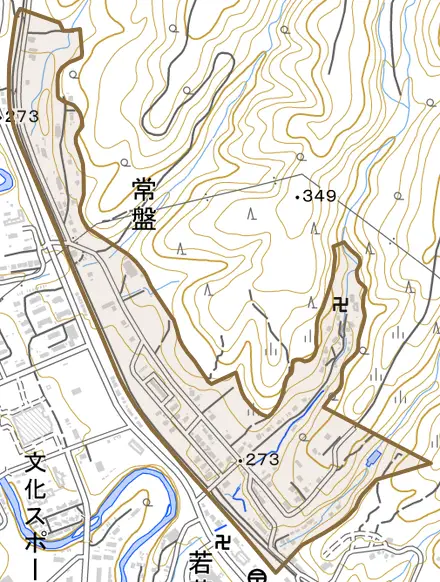 常盤とその周辺の地図。町の範囲を重ねている