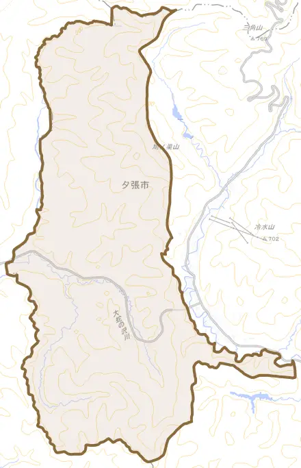 富野とその周辺の地図。町の範囲を重ねている