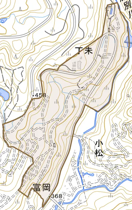富岡とその周辺の地図。町の範囲を重ねている