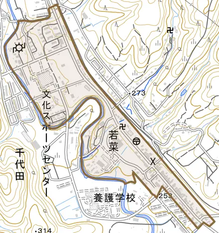 若菜とその周辺の地図。町の範囲を重ねている