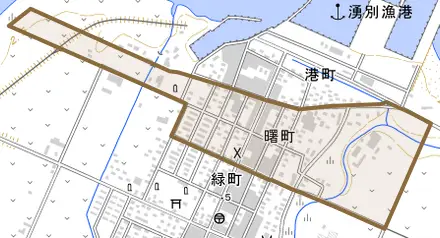 曙町とその周辺の地図。町の範囲を重ねている