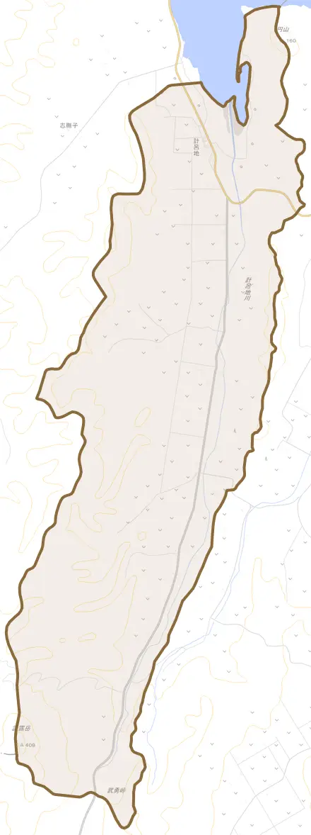 計呂地とその周辺の地図。町の範囲を重ねている