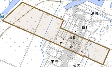緑町とその周辺の地図。町の範囲を重ねている