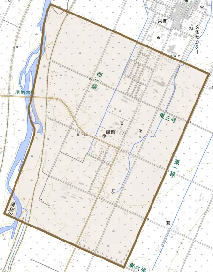 錦町とその周辺の地図。町の範囲を重ねている