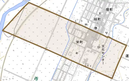 栄町とその周辺の地図。町の範囲を重ねている