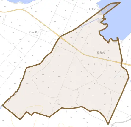 信部内とその周辺の地図。町の範囲を重ねている