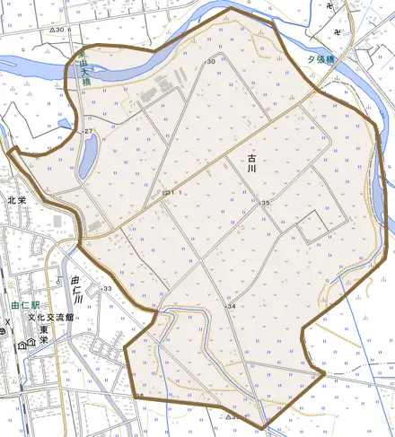 古川とその周辺の地図。町の範囲を重ねている