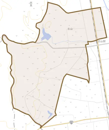 古山とその周辺の地図。町の範囲を重ねている