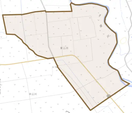 東三川とその周辺の地図。町の範囲を重ねている
