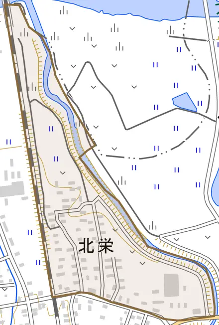 北栄とその周辺の地図。町の範囲を重ねている
