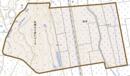 光栄とその周辺の地図。町の範囲を重ねている
