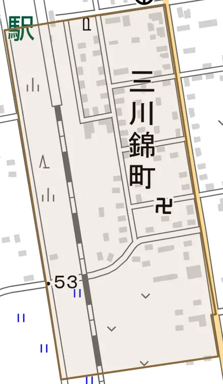 三川錦町とその周辺の地図。町の範囲を重ねている