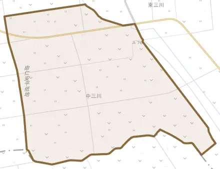 中三川とその周辺の地図。町の範囲を重ねている