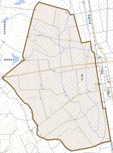 西三川とその周辺の地図。町の範囲を重ねている