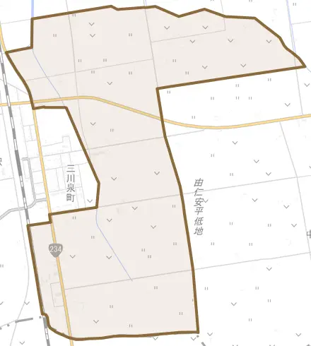 本三川とその周辺の地図。町の範囲を重ねている