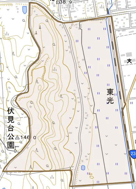 東光とその周辺の地図。町の範囲を重ねている