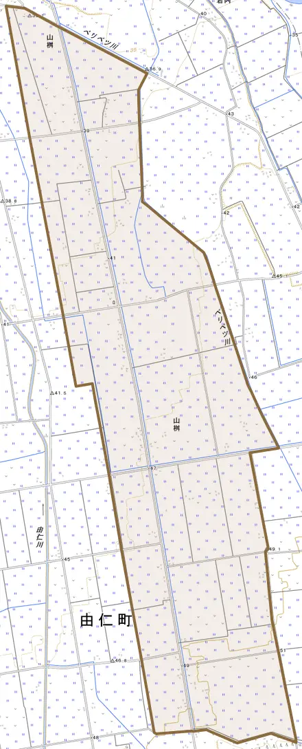 山桝とその周辺の地図。町の範囲を重ねている
