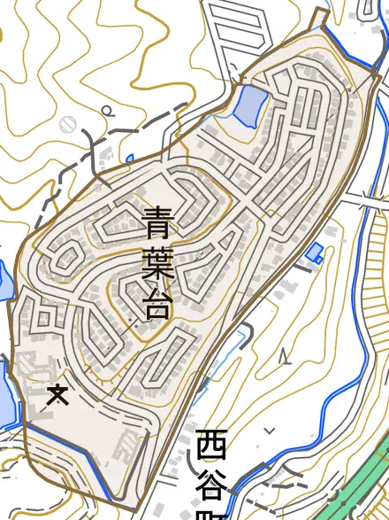 青葉台とその周辺の地図。町の範囲を重ねている