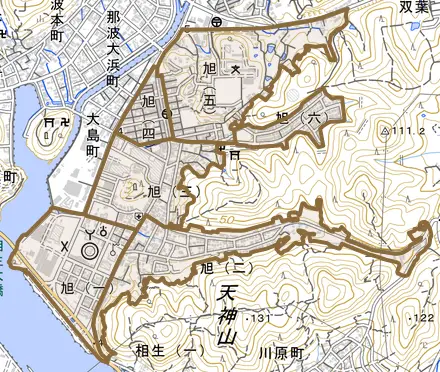 旭とその周辺の地図。町の範囲を重ねている