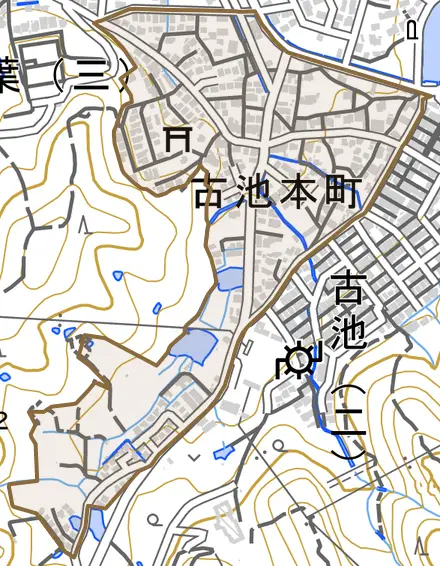 古池本町とその周辺の地図。町の範囲を重ねている