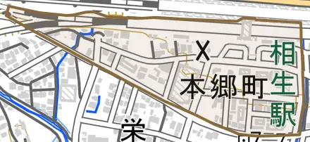 本郷町とその周辺の地図。町の範囲を重ねている
