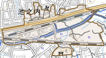 池之内とその周辺の地図。町の範囲を重ねている