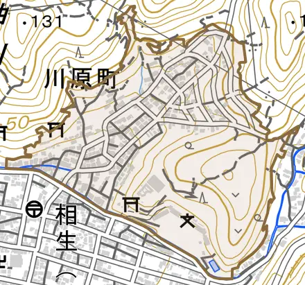 川原町とその周辺の地図。町の範囲を重ねている