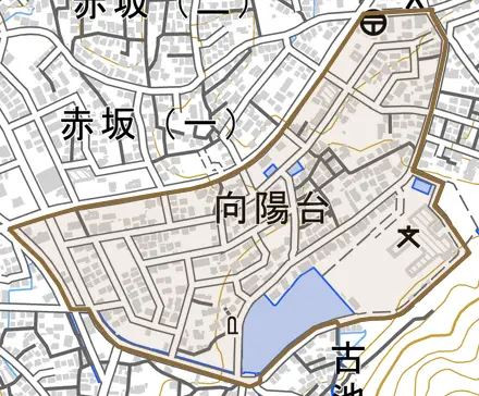 向陽台とその周辺の地図。町の範囲を重ねている