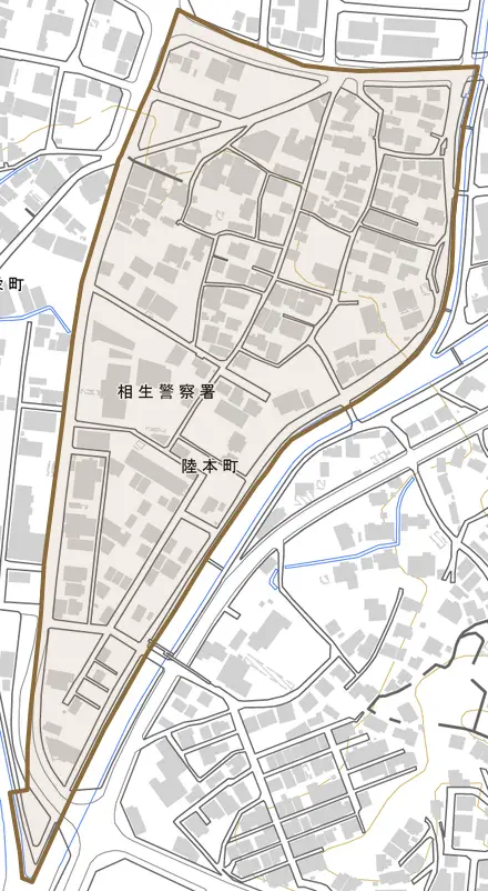 陸本町とその周辺の地図。町の範囲を重ねている