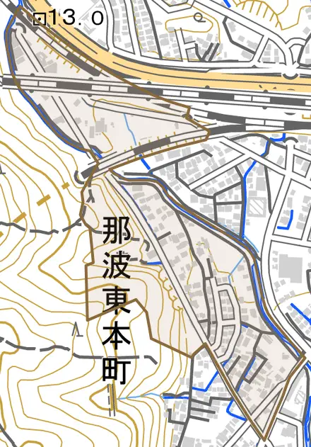 那波東本町とその周辺の地図。町の範囲を重ねている