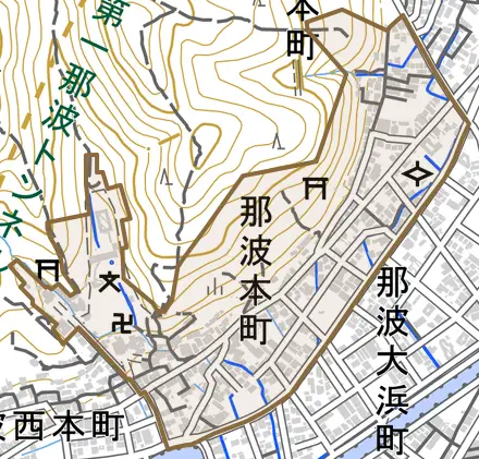 那波本町とその周辺の地図。町の範囲を重ねている
