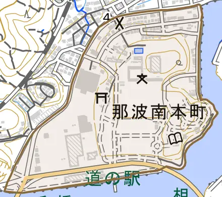 那波南本町とその周辺の地図。町の範囲を重ねている