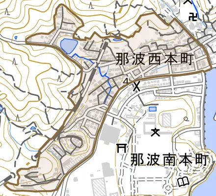 那波西本町とその周辺の地図。町の範囲を重ねている