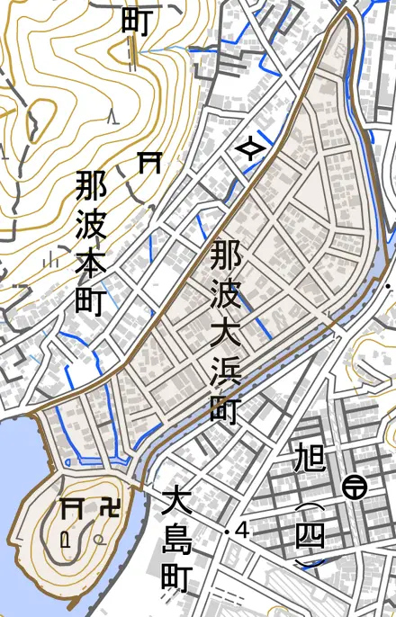 那波大浜町とその周辺の地図。町の範囲を重ねている