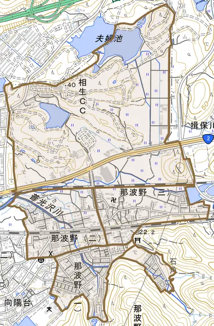 那波野とその周辺の地図。町の範囲を重ねている