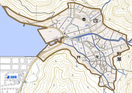 野瀬とその周辺の地図。町の範囲を重ねている