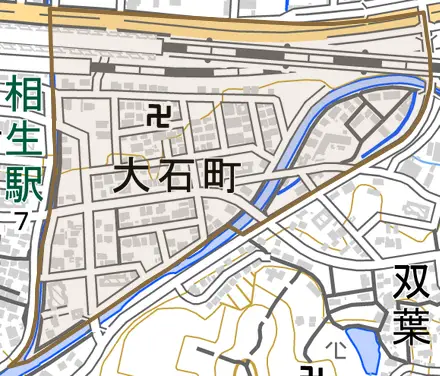 大石町とその周辺の地図。町の範囲を重ねている